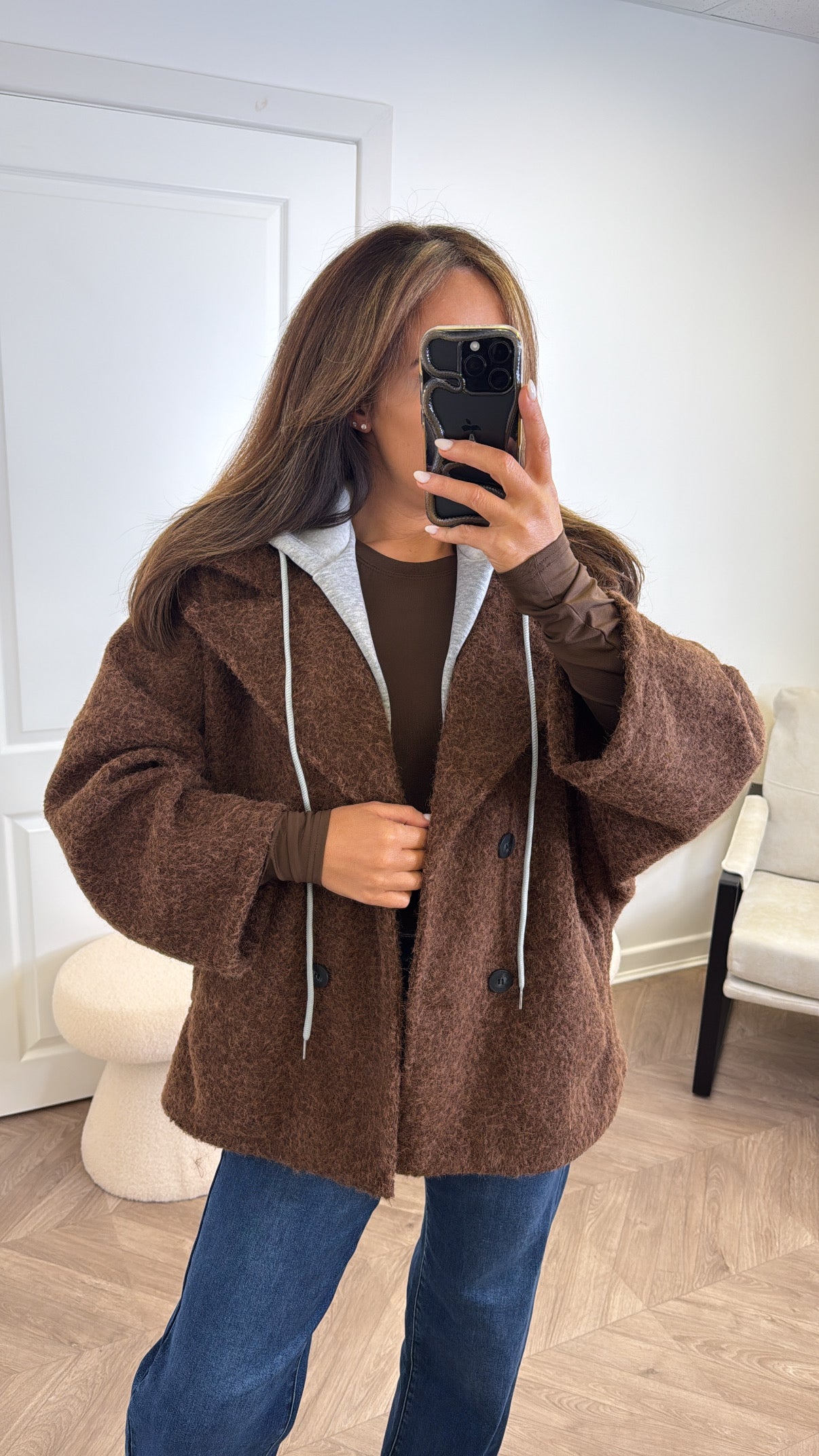 BREA brown short duster jacket with integral hoody