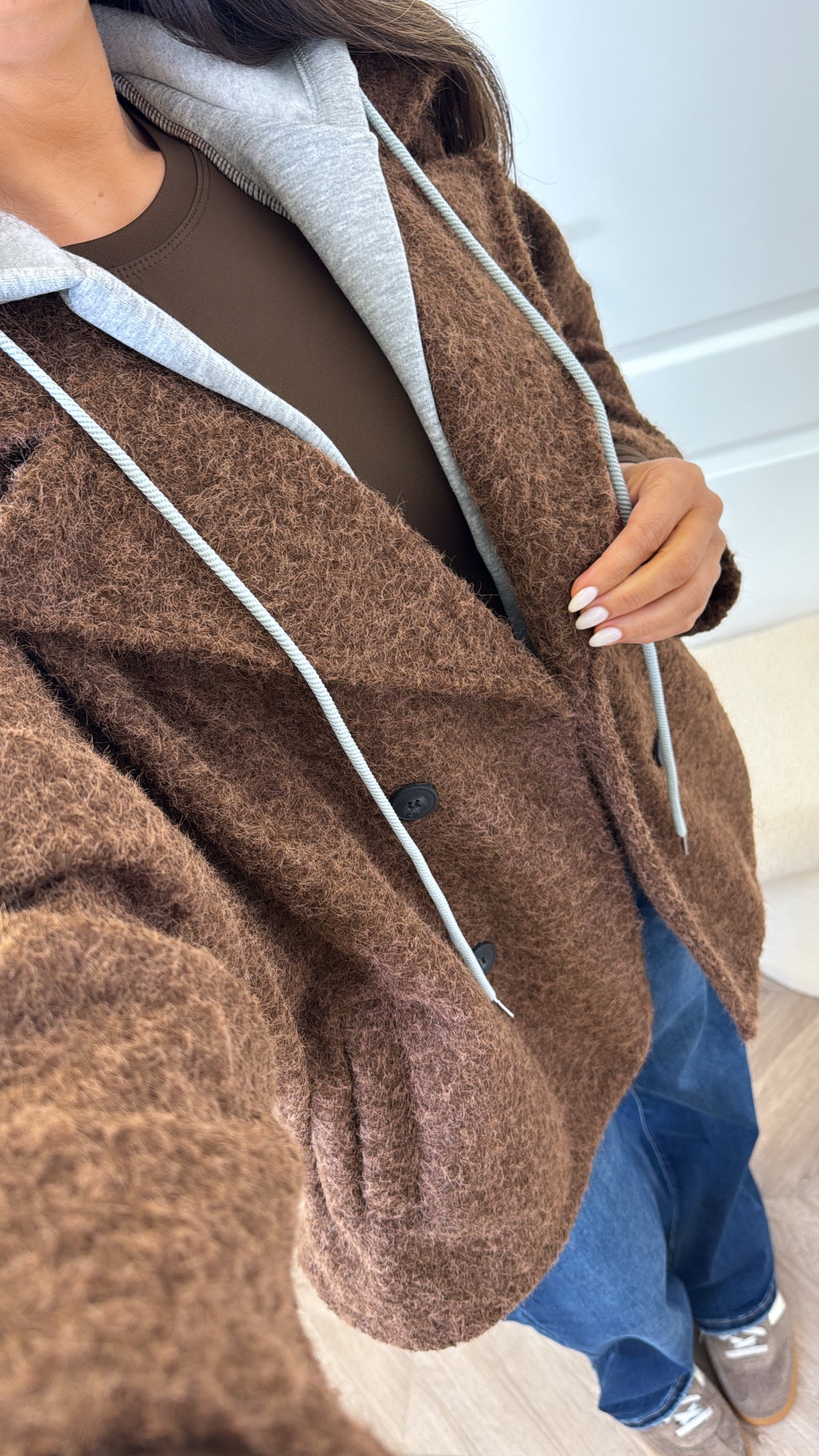 BREA brown short duster jacket with integral hoody