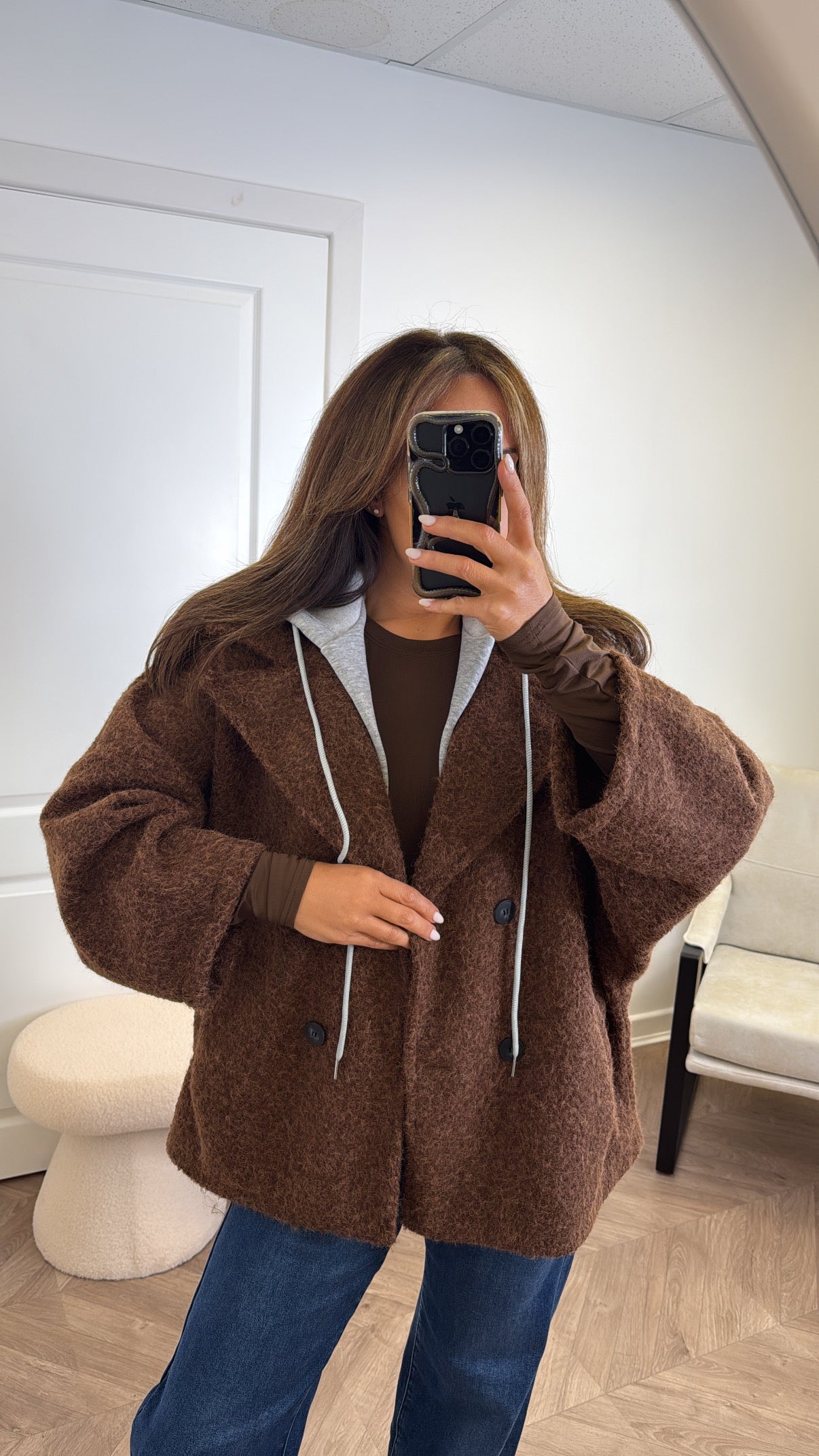 BREA brown short duster jacket with integral hoody
