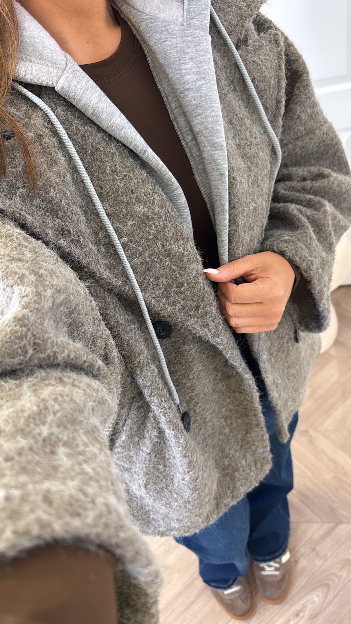 BREA mocha short duster jacket with integral hoody