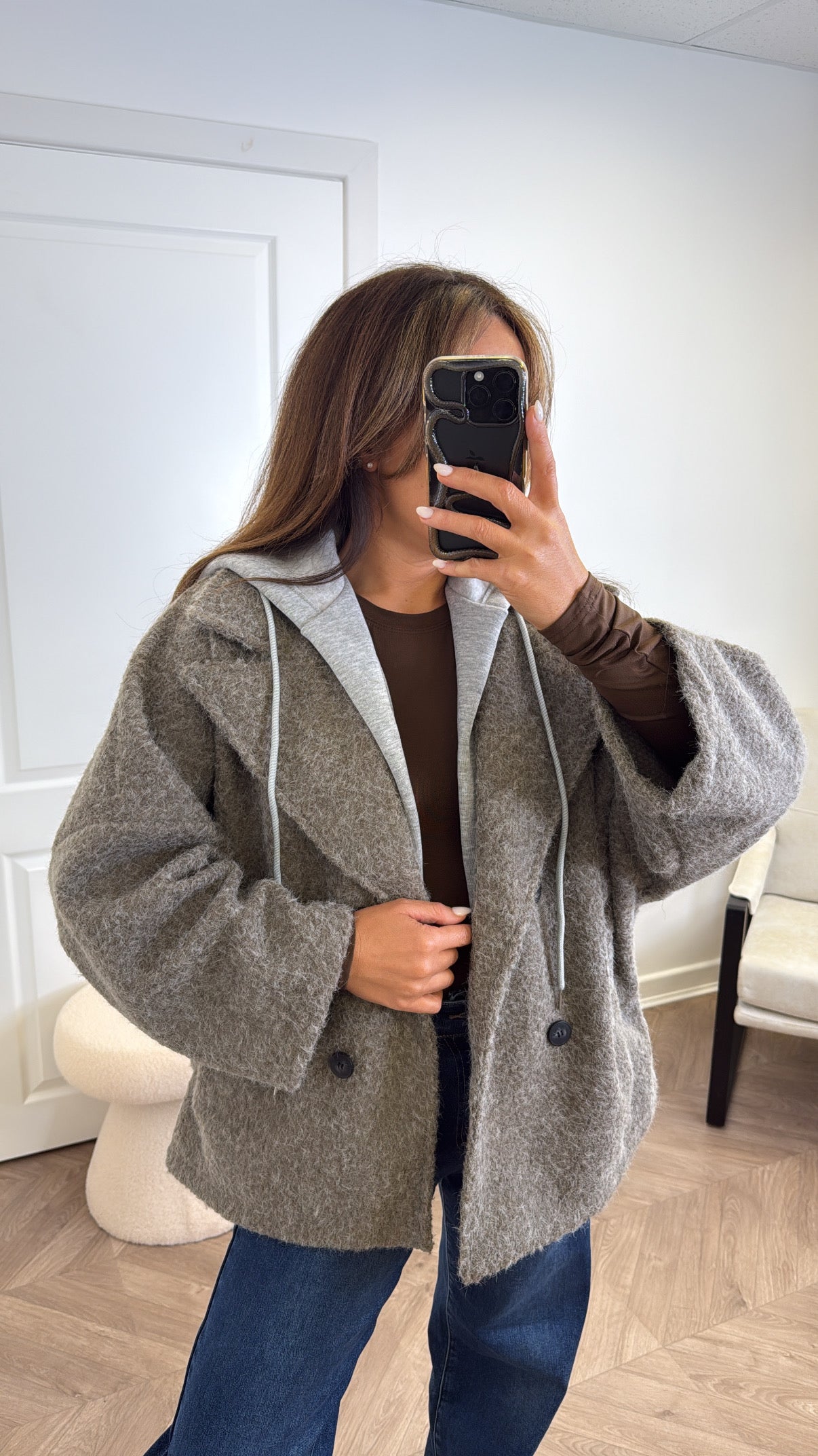 BREA mocha short duster jacket with integral hoody