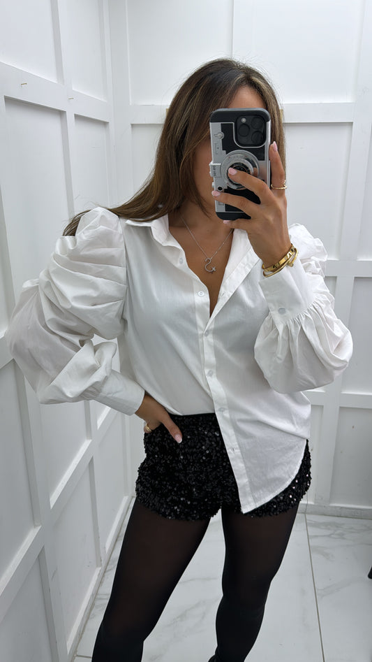 GABBIE white ruched shoulder cotton shirt