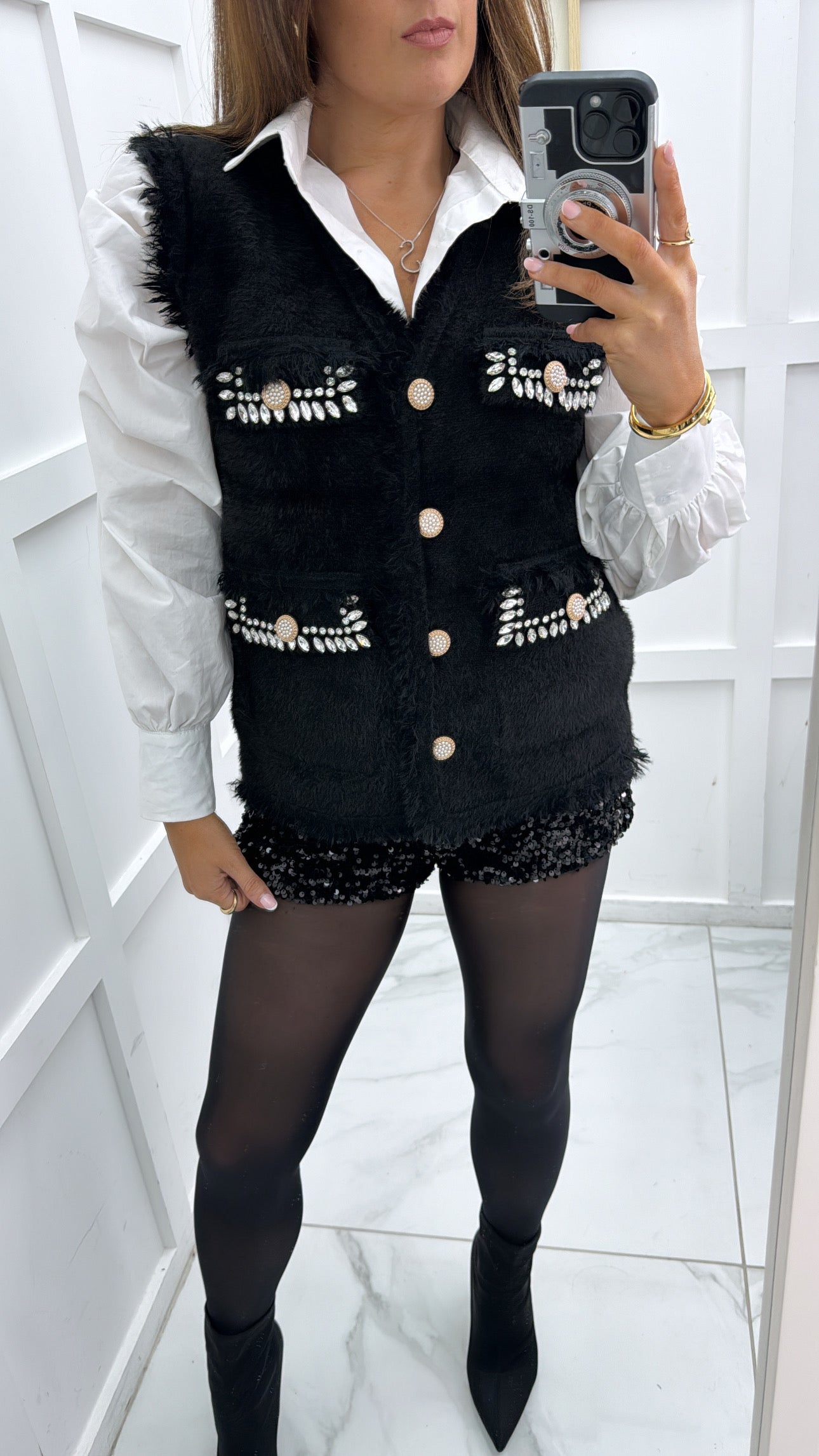 LORNA black fluffy embellished detail waist jacket