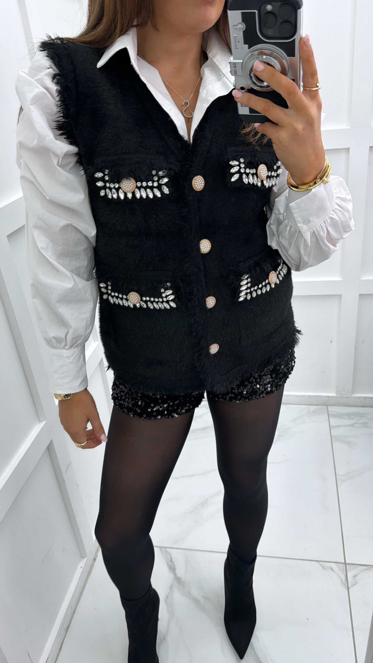 LORNA black fluffy embellished detail waist jacket