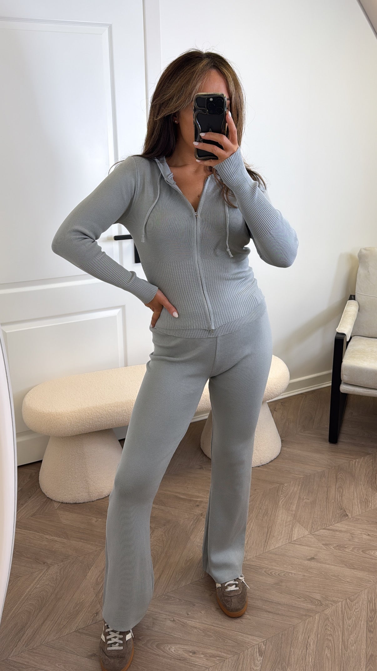 PALOMA grey fine knit hooded zip up jacket with fold over wide leg trouser's