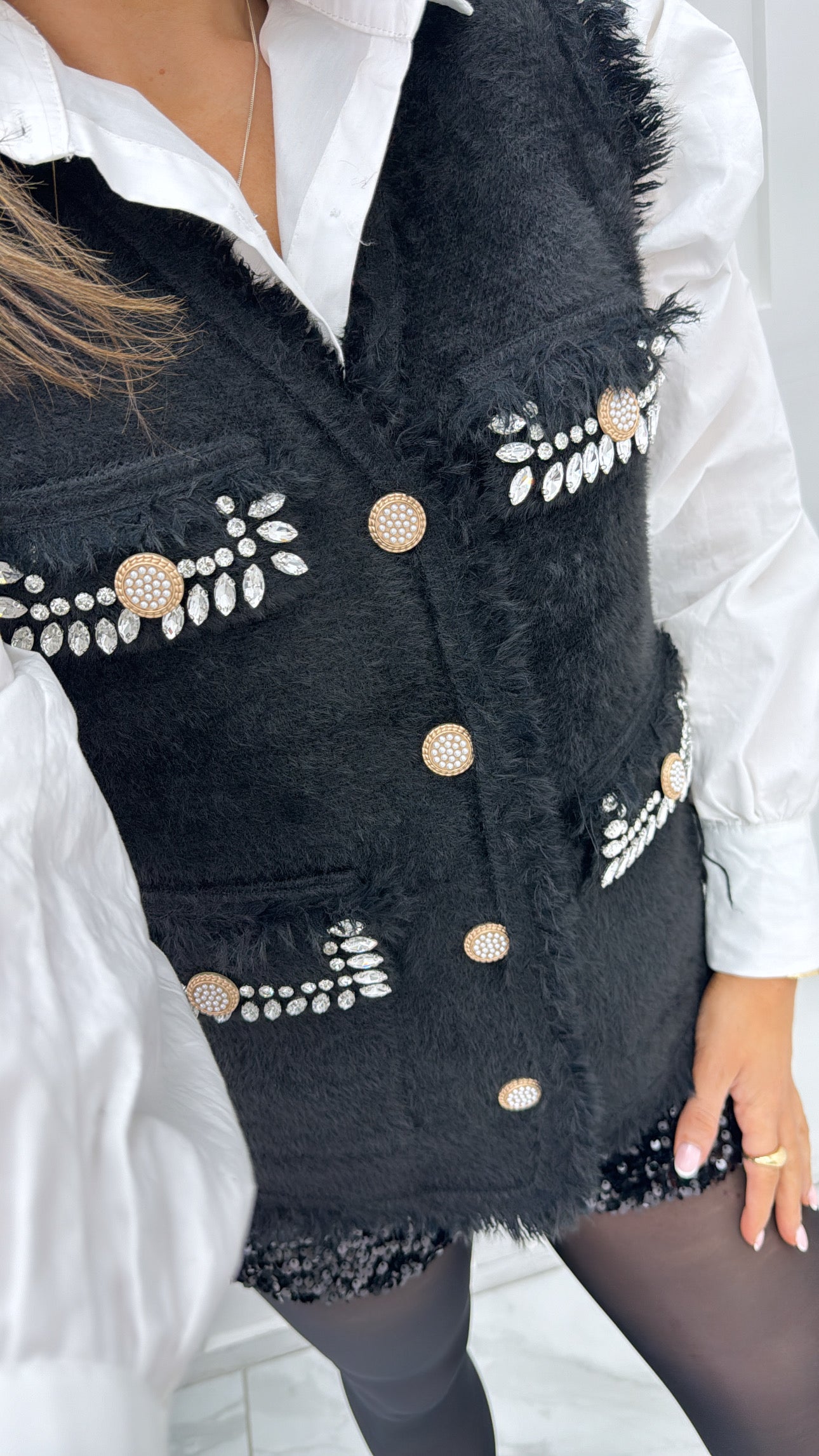 LORNA black fluffy embellished detail waist jacket