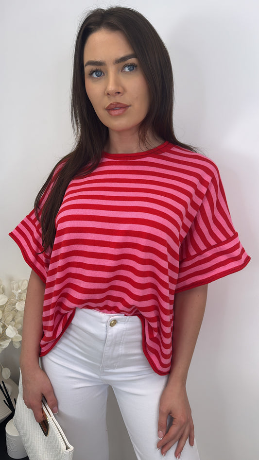 ZOE pink and red striped fine knit top