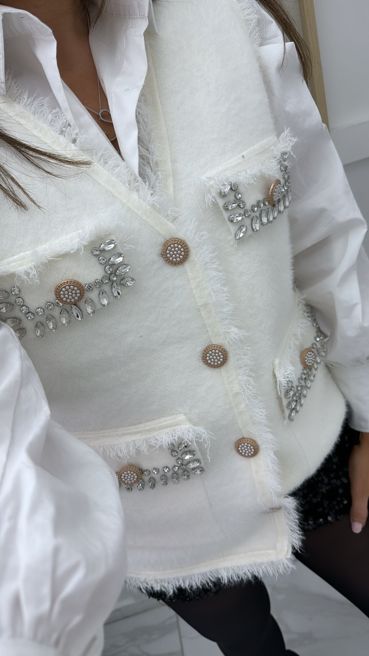 LORNA cream fluffy embellished detail waist jacket