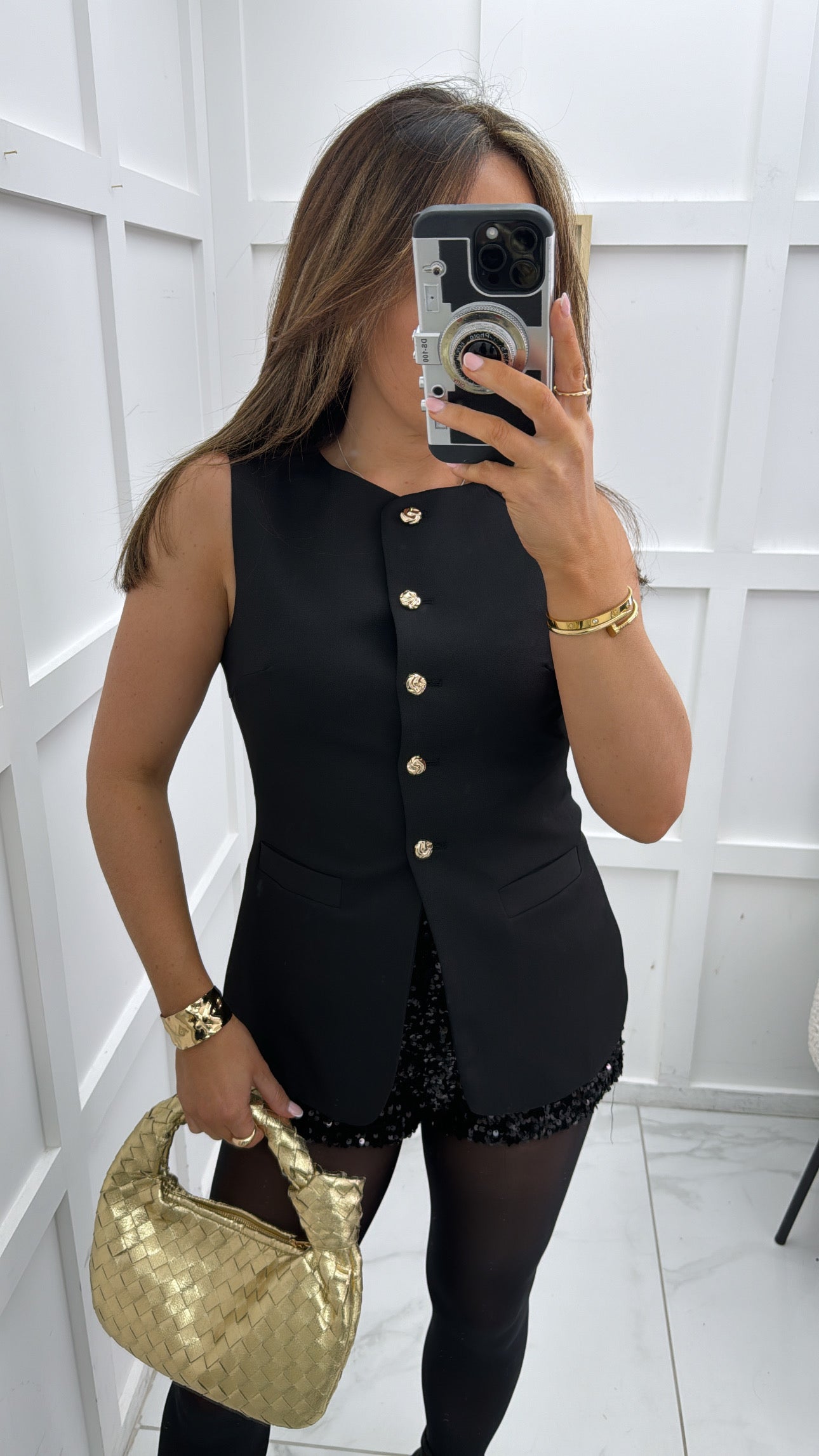 ANYA black tailored waist coat with gold buttons