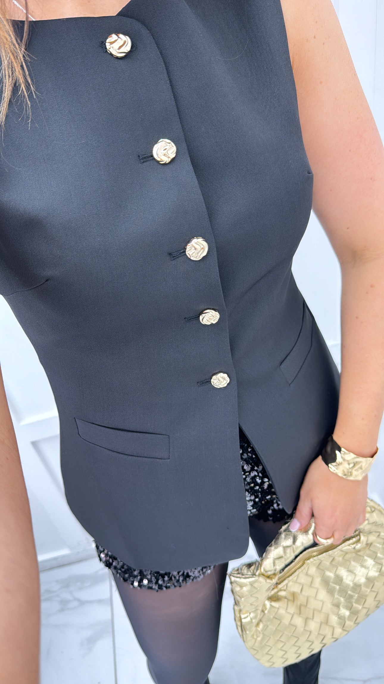 ANYA black tailored waist coat with gold buttons