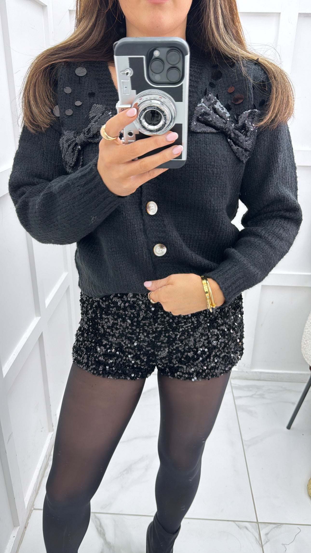 LOREN black sequin bow cardigan