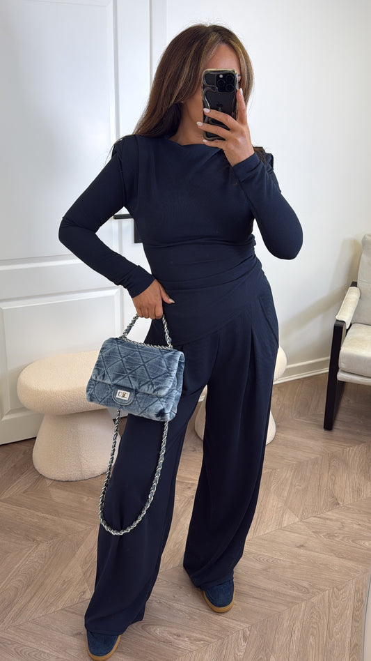 TASHA navy asymmetric long sleeve top and trousers co-ord