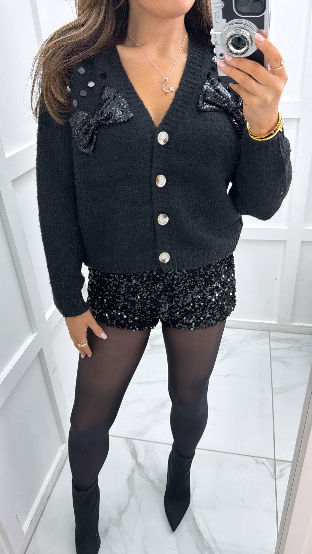 LOREN black sequin bow cardigan