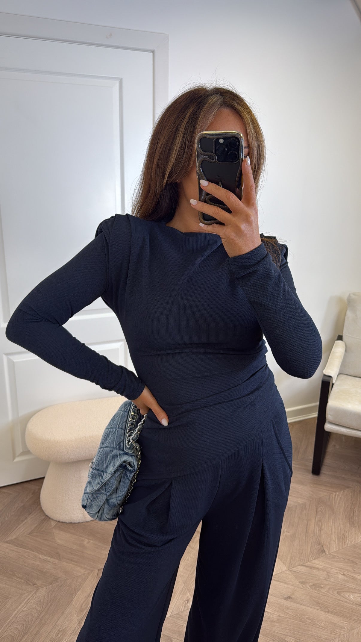 TASHA navy asymmetric long sleeve top and trousers co-ord