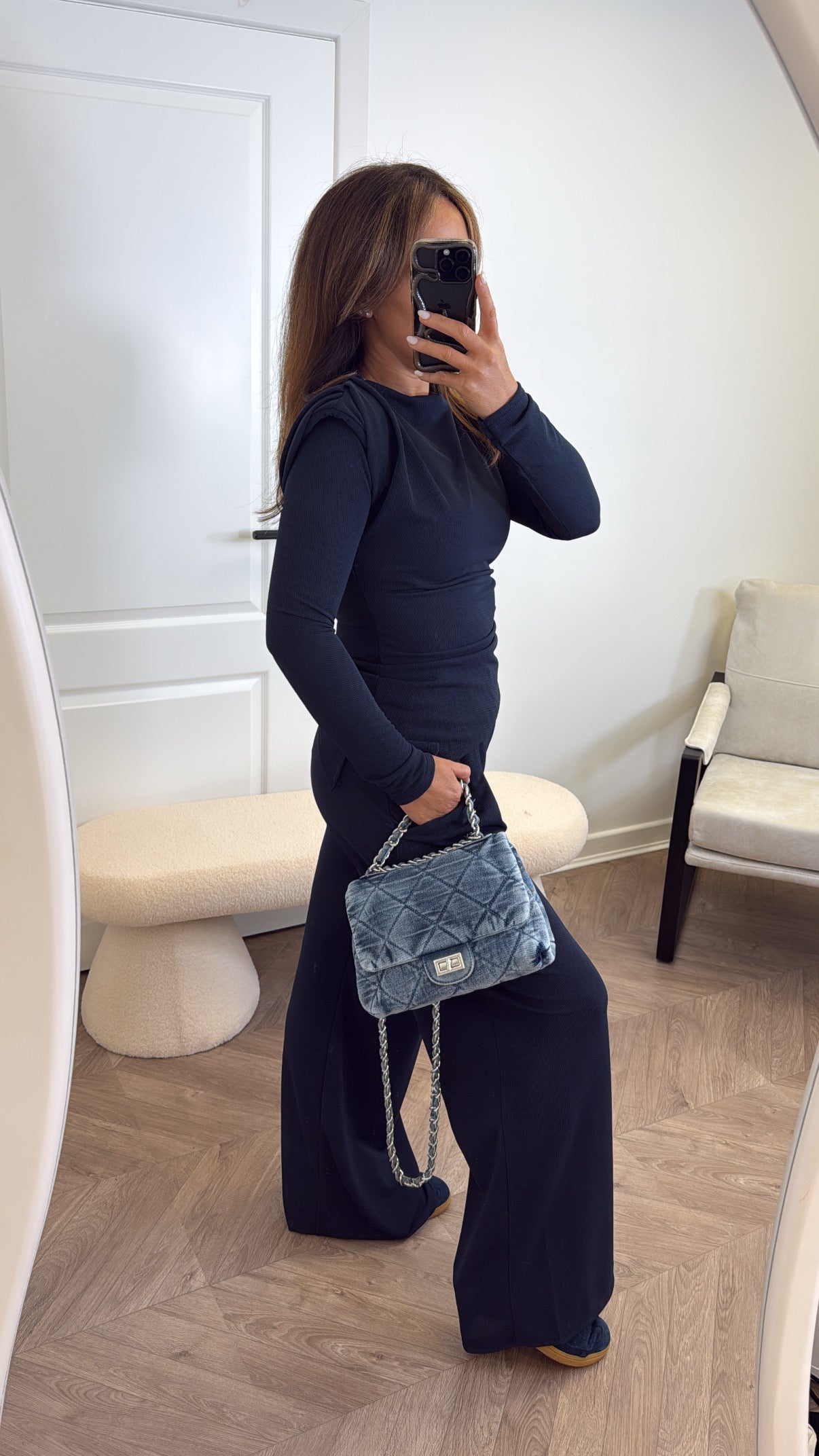 TASHA navy asymmetric long sleeve top and trousers co-ord