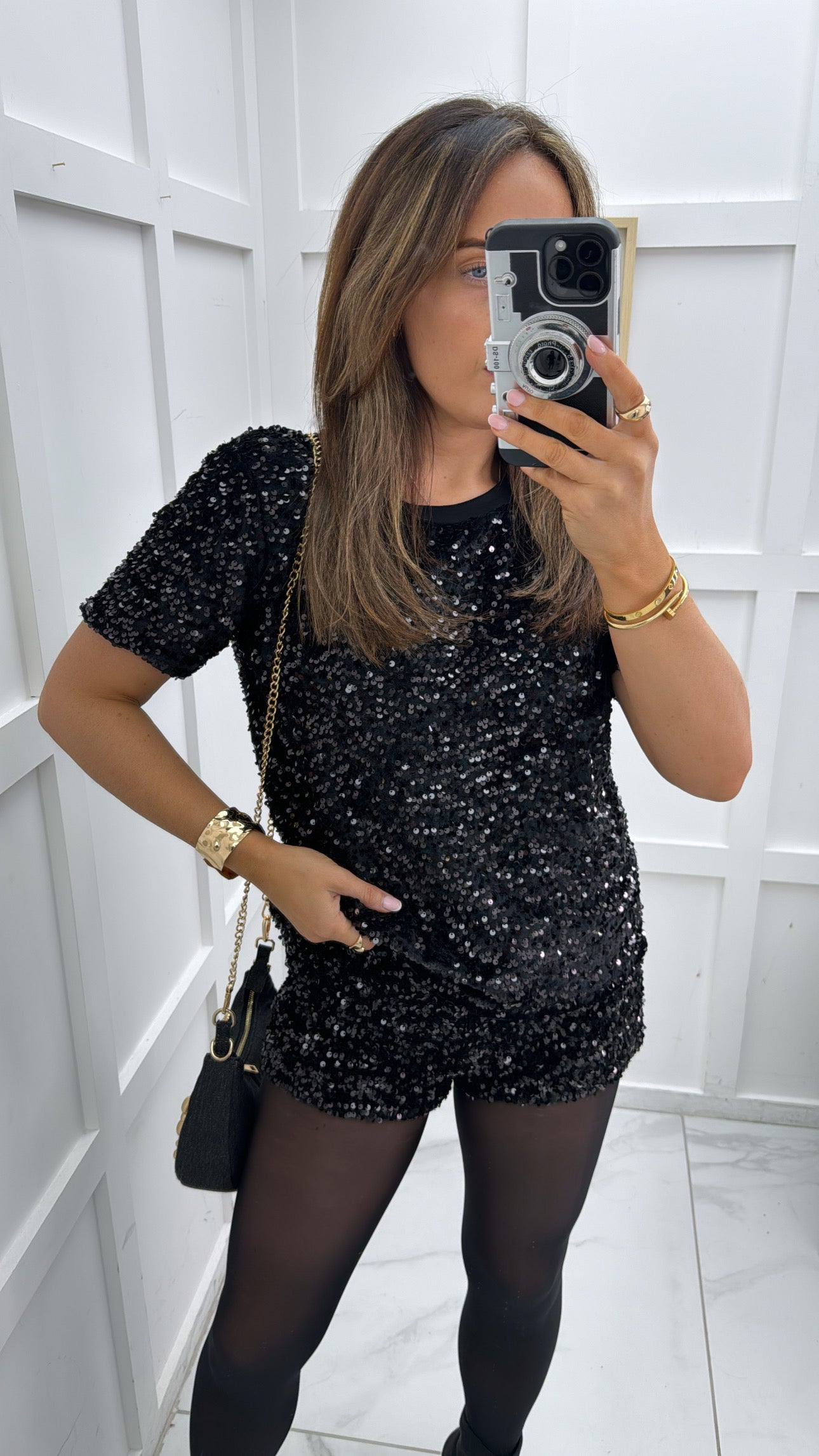 JODIE black sequin short sleeve top