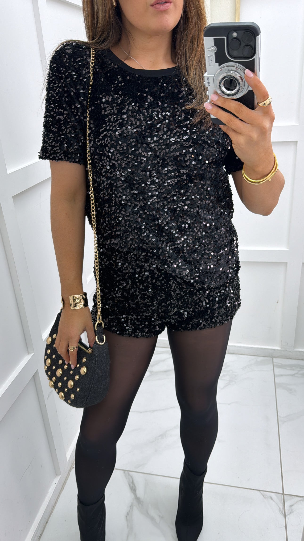 JODIE black sequin short sleeve top