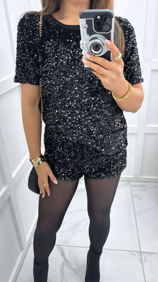 JODIE black sequin short sleeve top