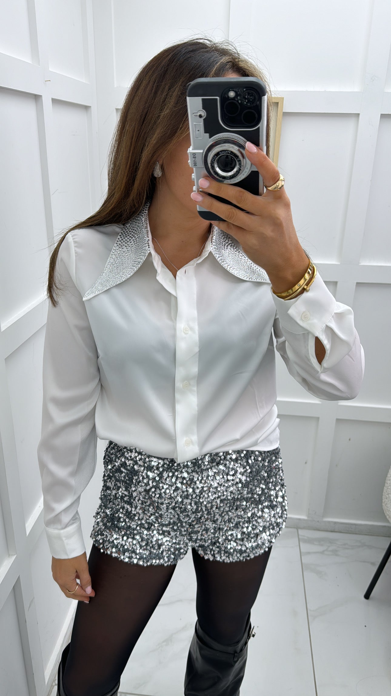 DEENA white satin blouse with silver stud details