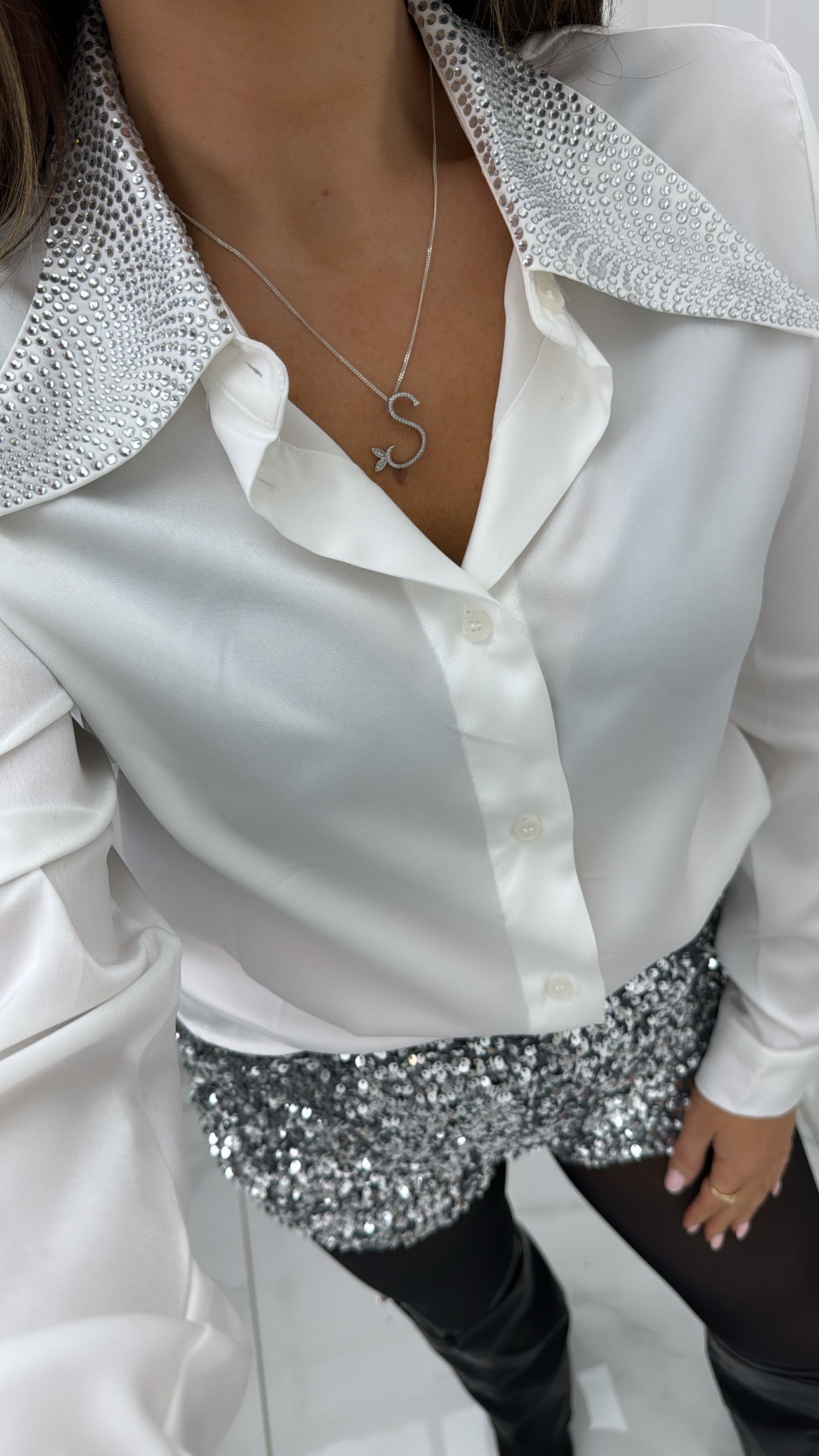 DEENA white satin blouse with silver stud details