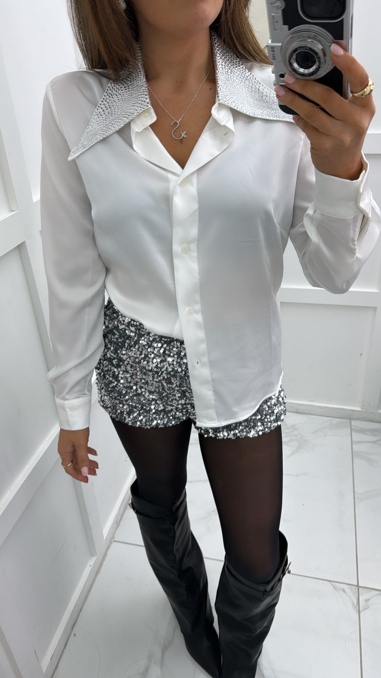 DEENA white satin blouse with silver stud details