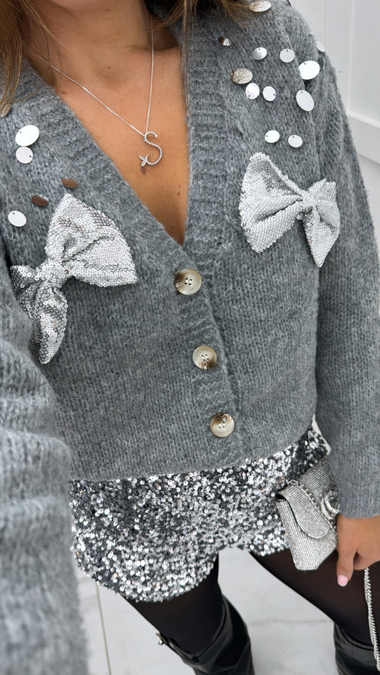 LOREN grey sequin bow cardigan