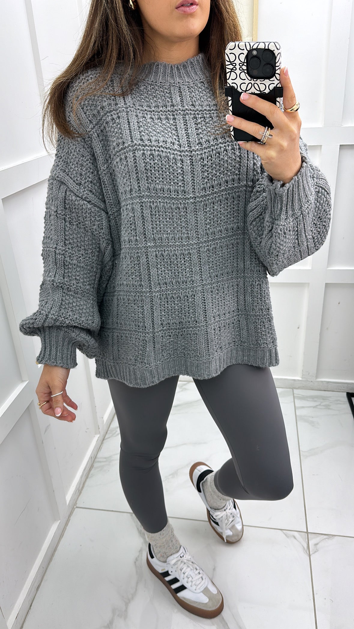 LOTTIE grey textured balloon sleeve jumper