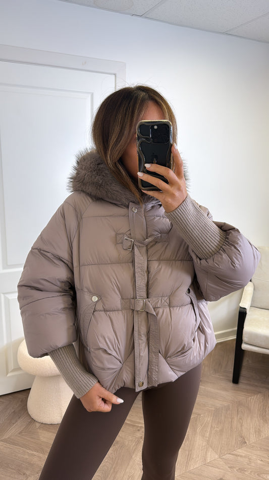 AMBER mocha puffer jacket with faux fur