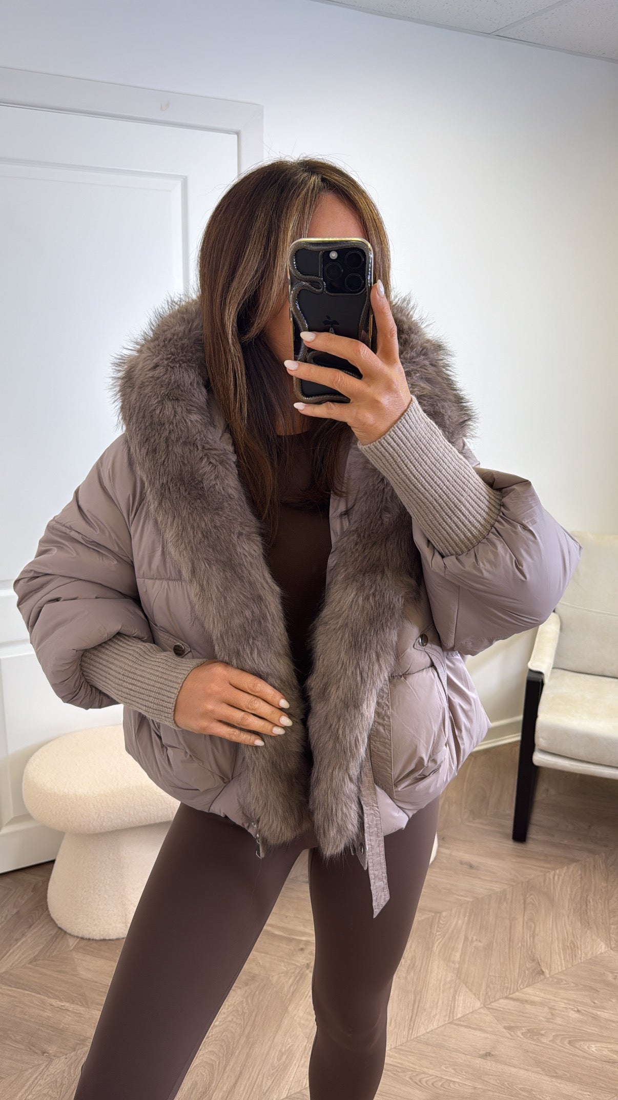 AMBER mocha puffer jacket with faux fur