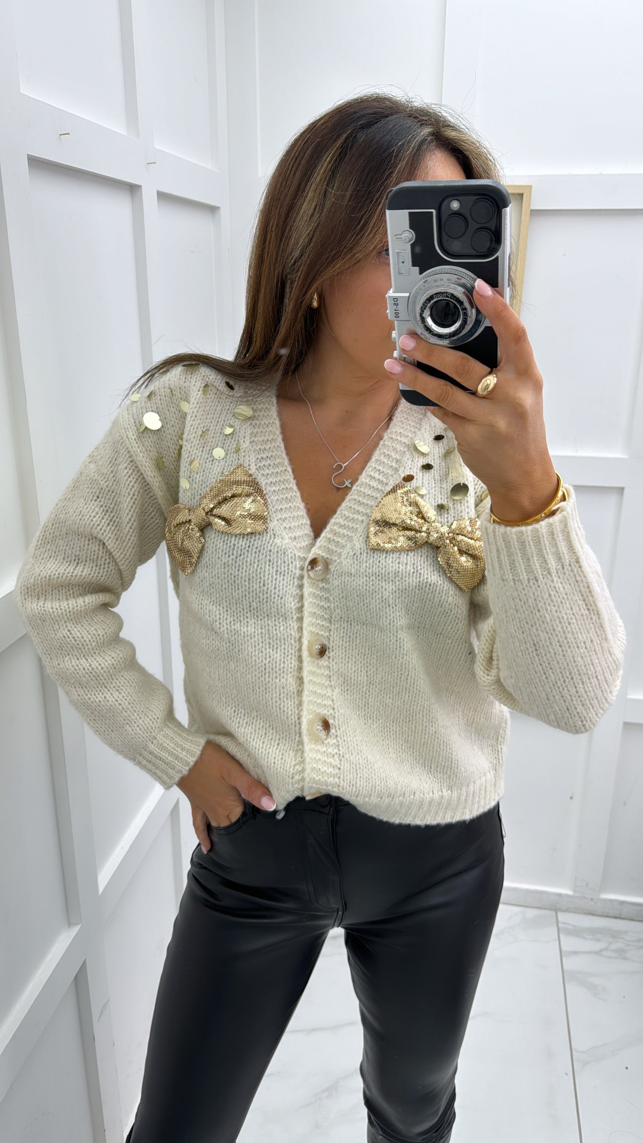 LOREN cream sequin bow cardigan