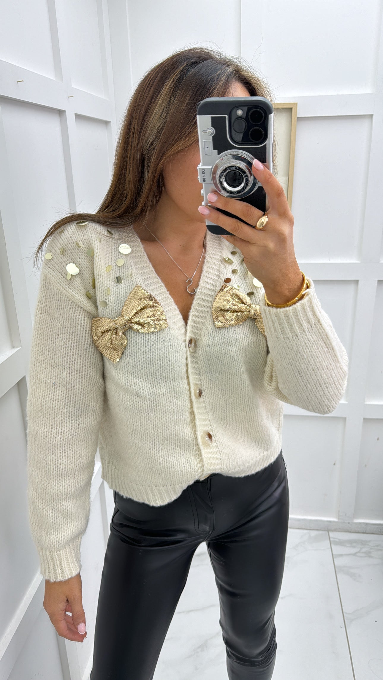 LOREN cream sequin bow cardigan