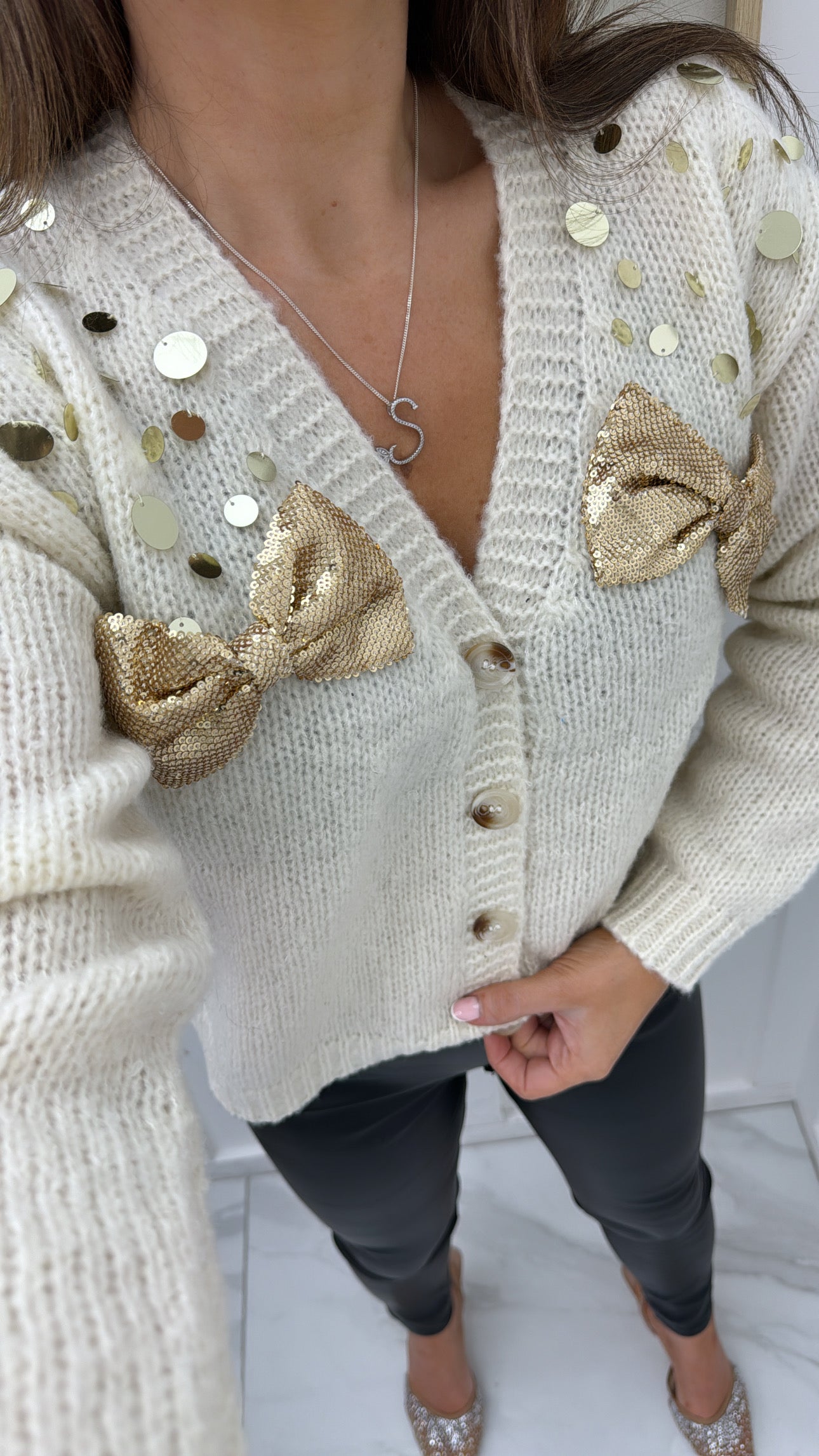 LOREN cream sequin bow cardigan