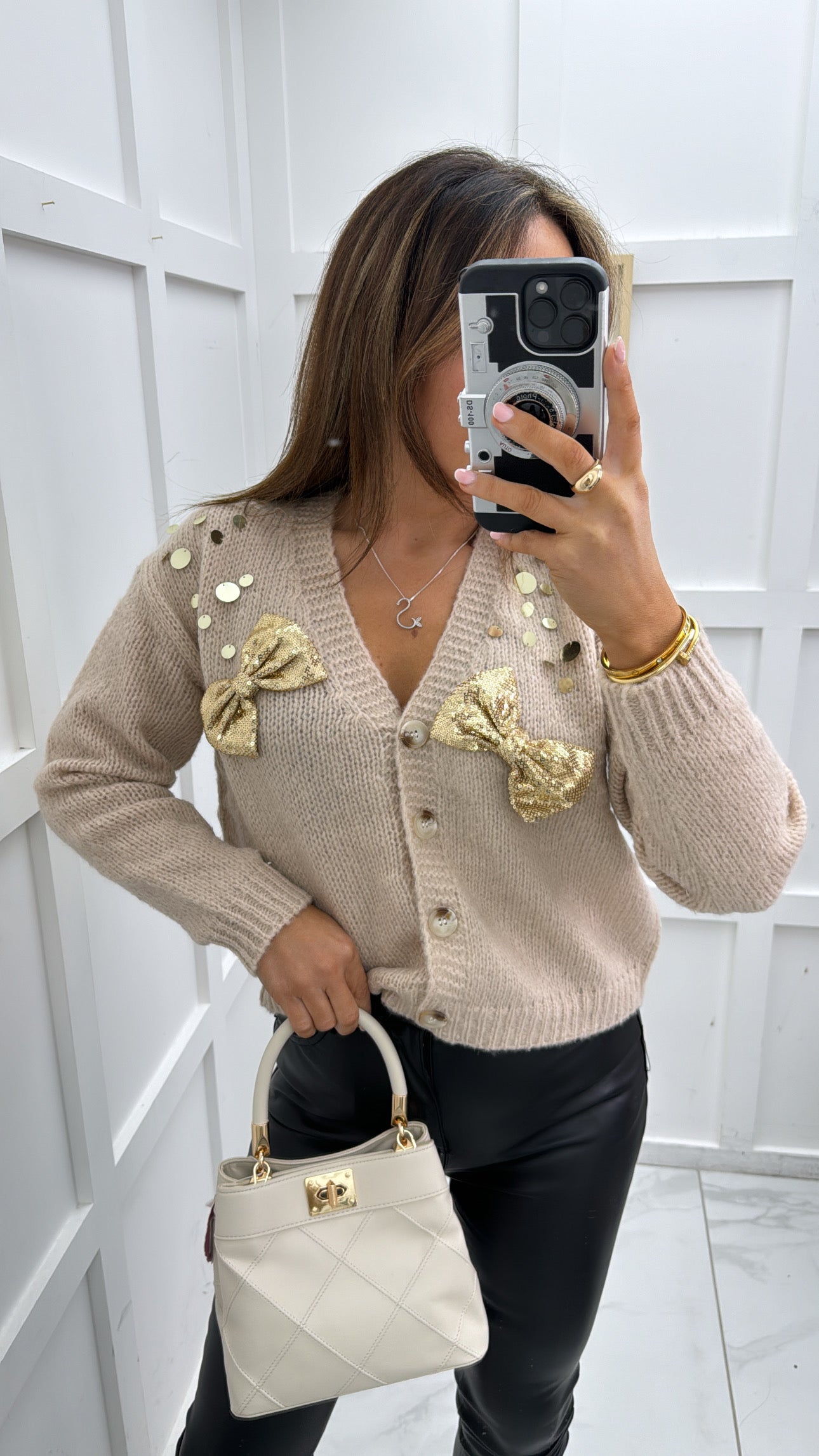 LOREN beige sequin bow cardigan