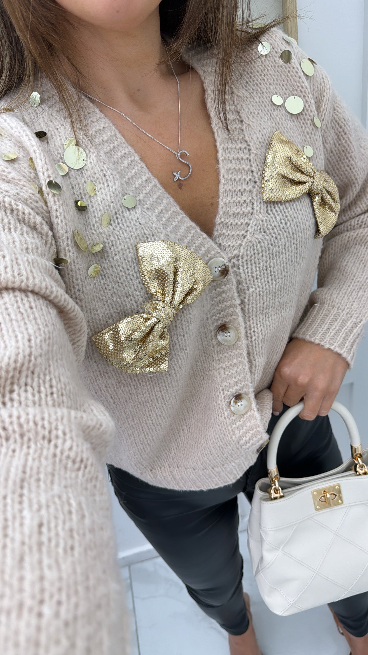 LOREN beige sequin bow cardigan