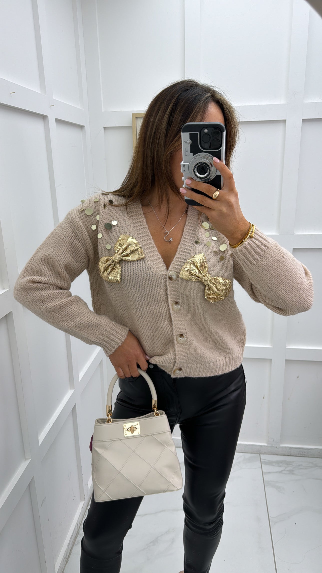 LOREN beige sequin bow cardigan