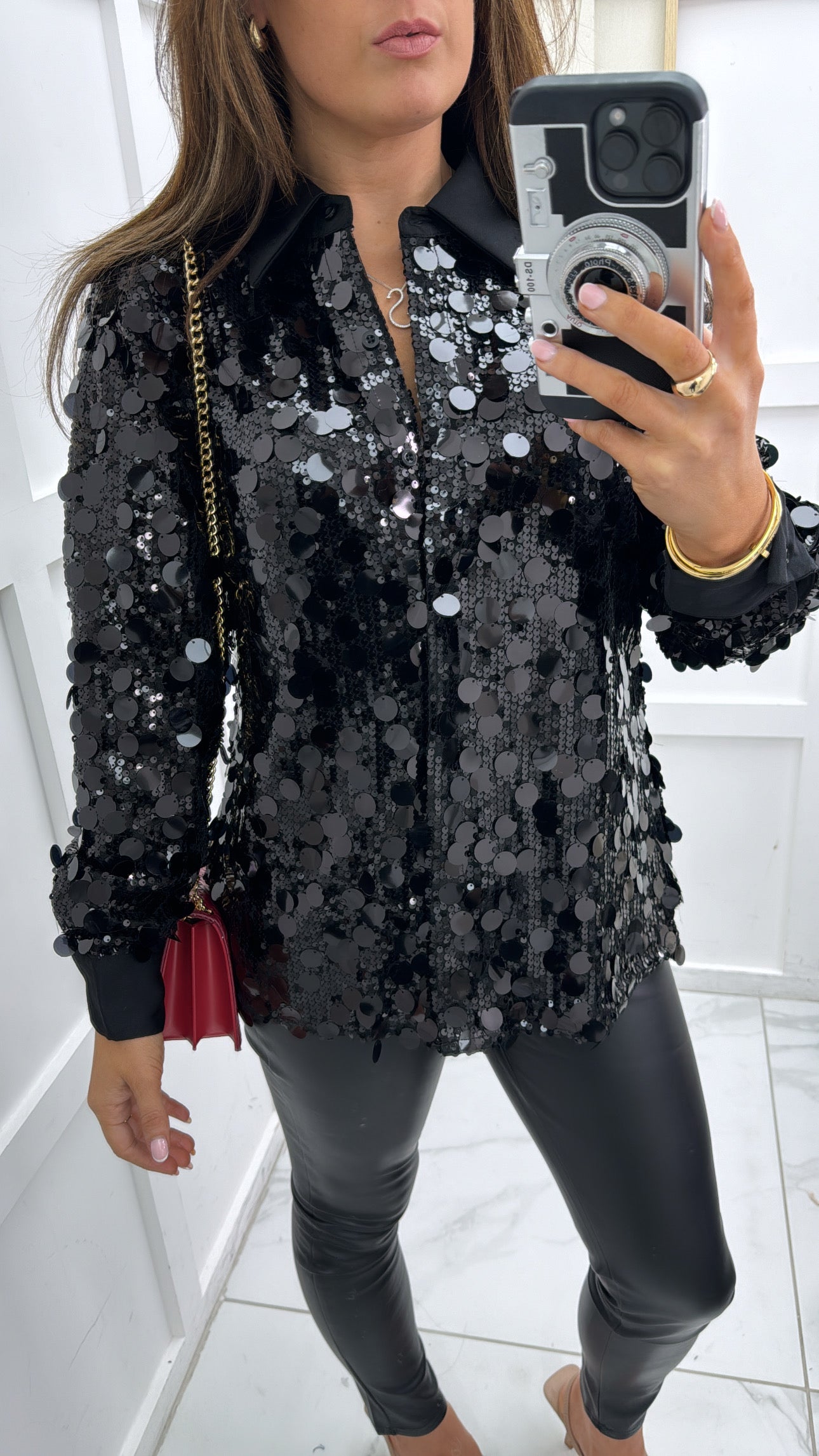 SABRINA black disc sequin blouse