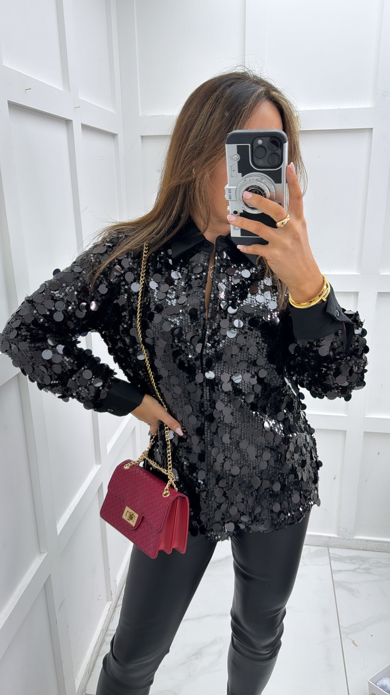 SABRINA black disc sequin blouse