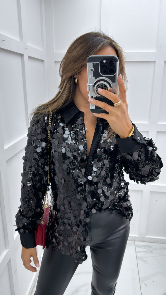 SABRINA black disc sequin blouse