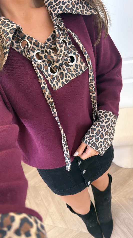 CHELSEA burgundy and leopard contrast jumper