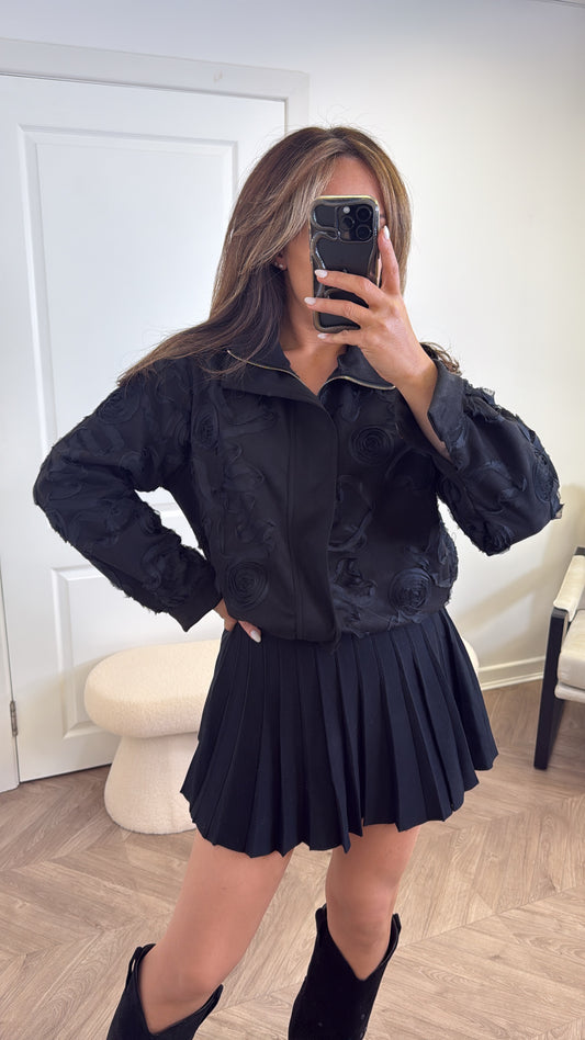 SAVANNAH black faux suede applique bomber jacket
