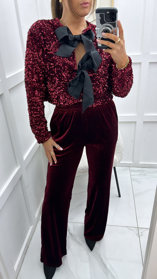 RILEY burgundy velvet wide leg trousers