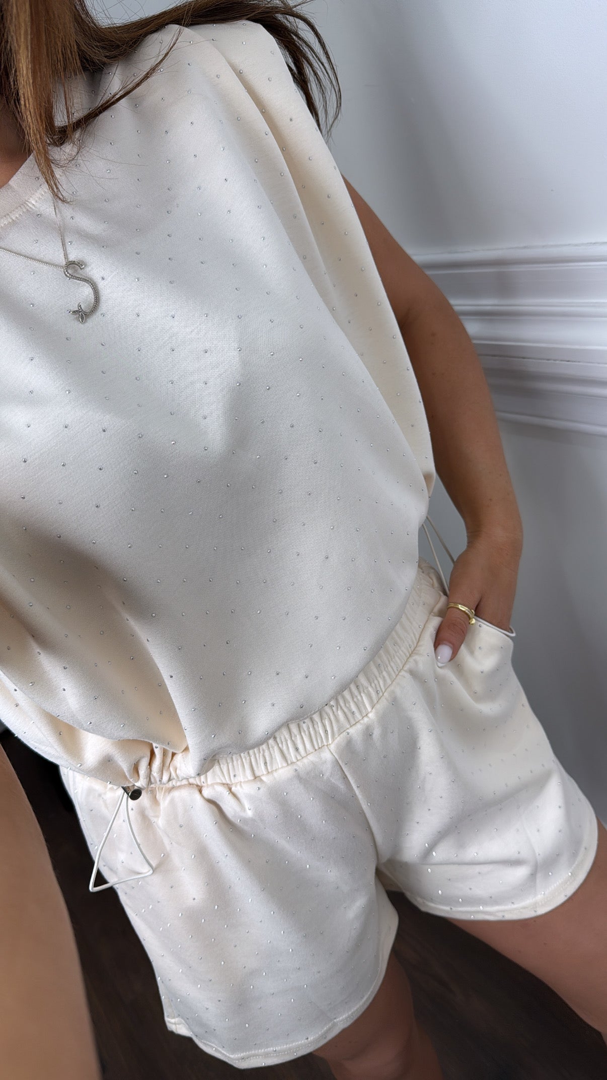 LILLIE cream stud shorts co-ord with shoulder pads