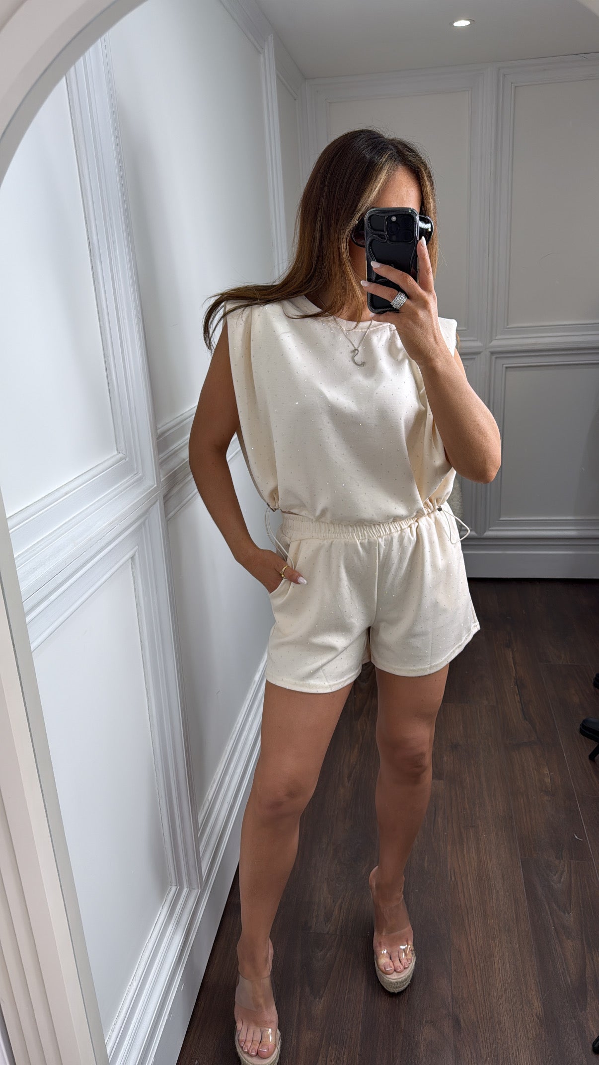 LILLIE cream stud shorts co-ord with shoulder pads