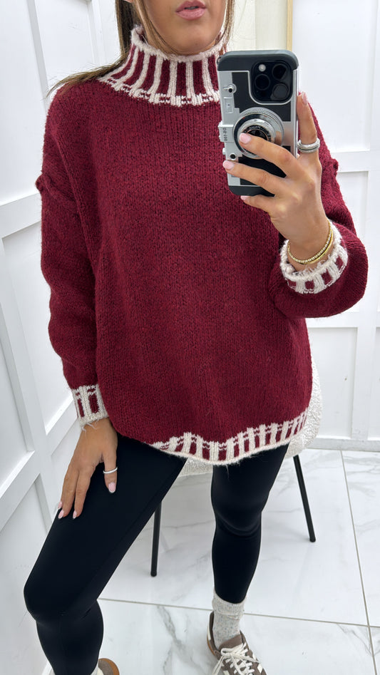 CHANTELLE burgundy and cream edged jumper