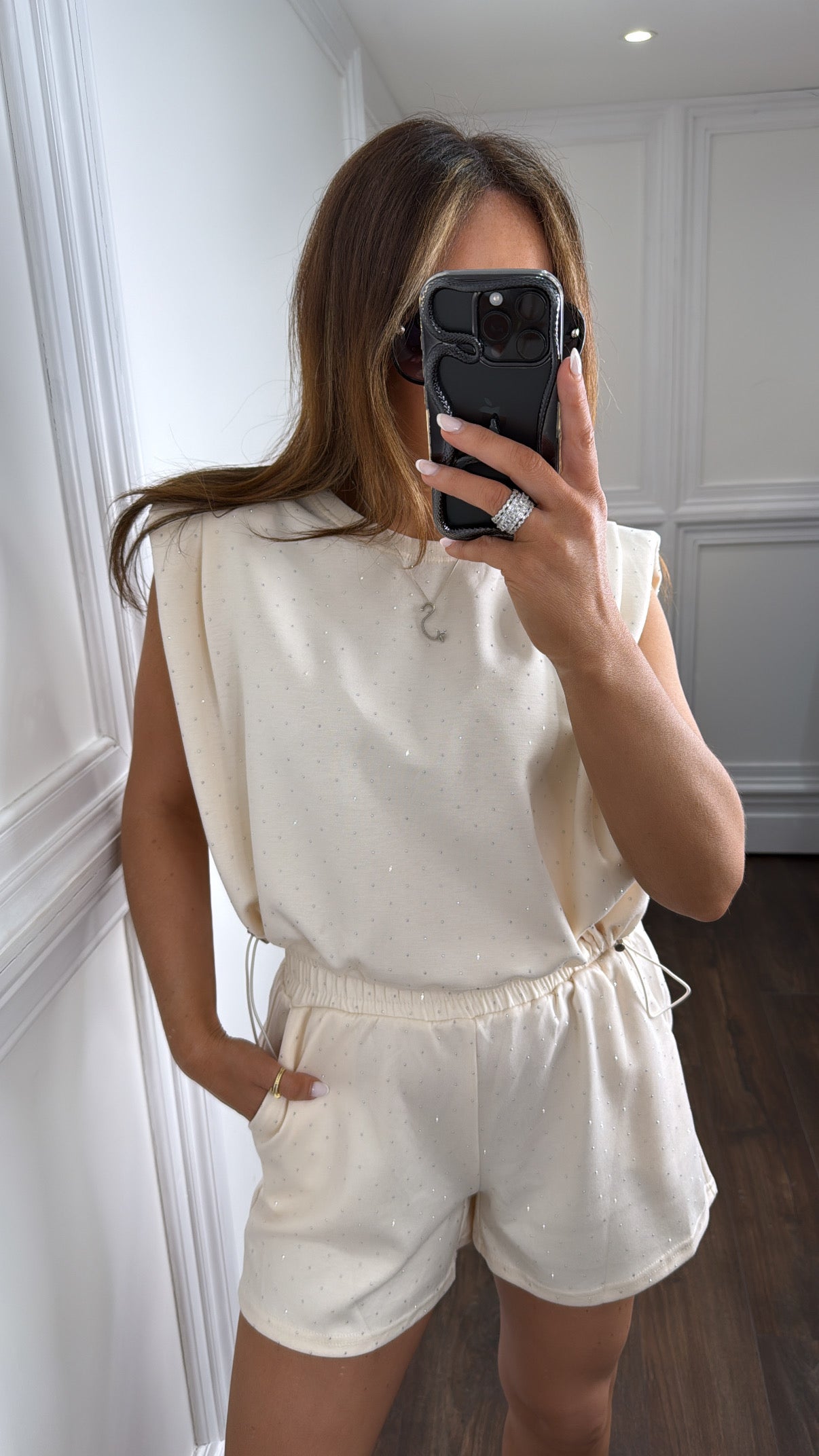LILLIE cream stud shorts co-ord with shoulder pads