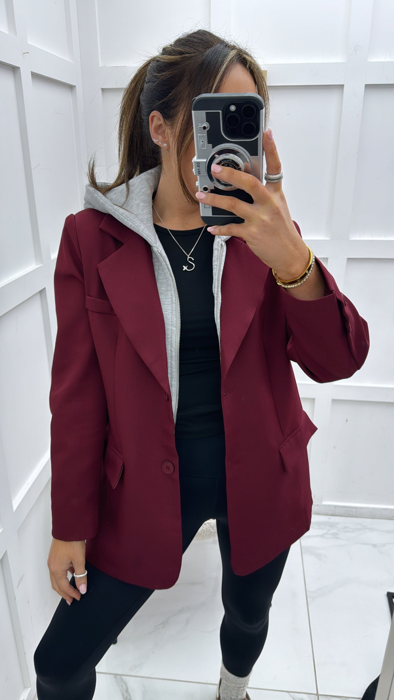 JENNA burgundy blazer with grey hoody detail