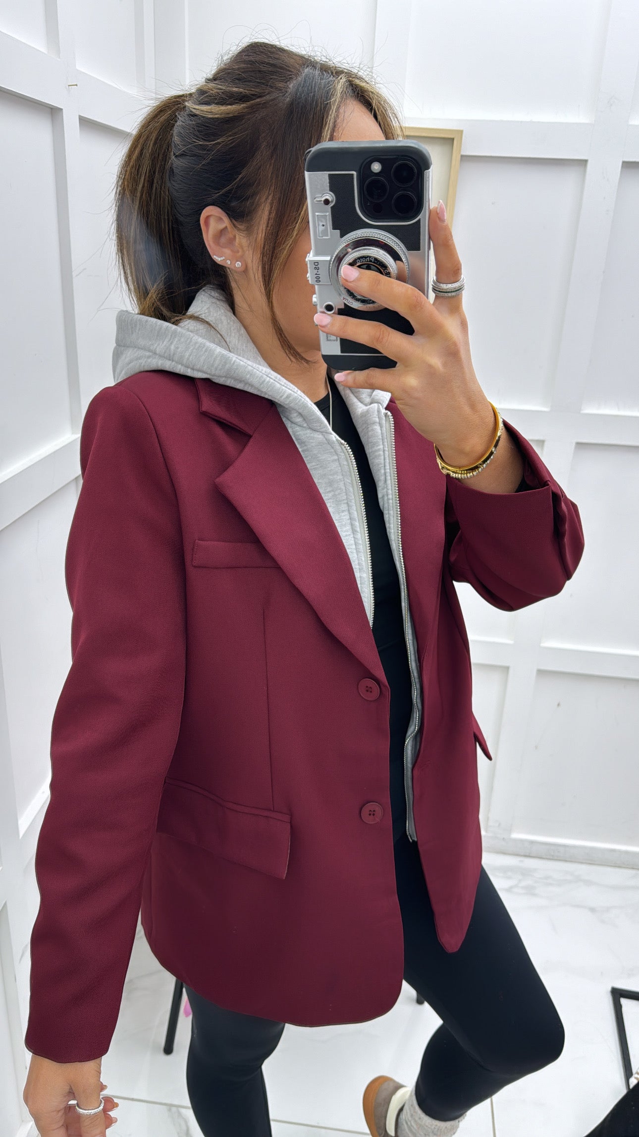 JENNA burgundy blazer with grey hoody detail