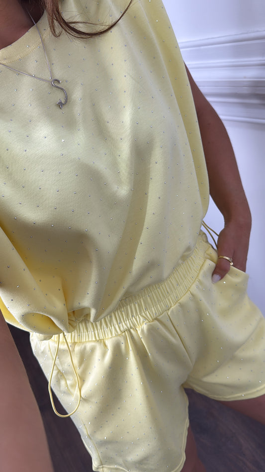 LILLIE lemon stud shorts co-ord with shoulder pads