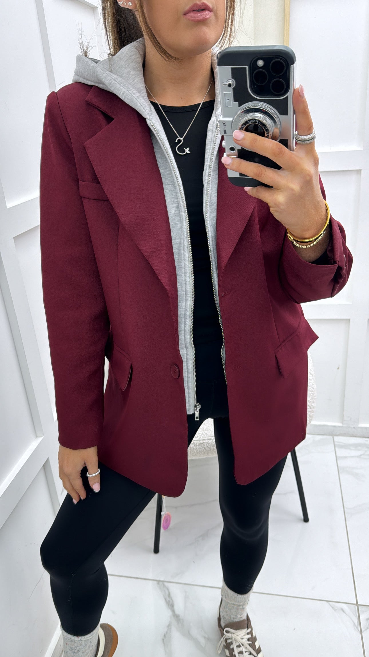 JENNA burgundy blazer with grey hoody detail