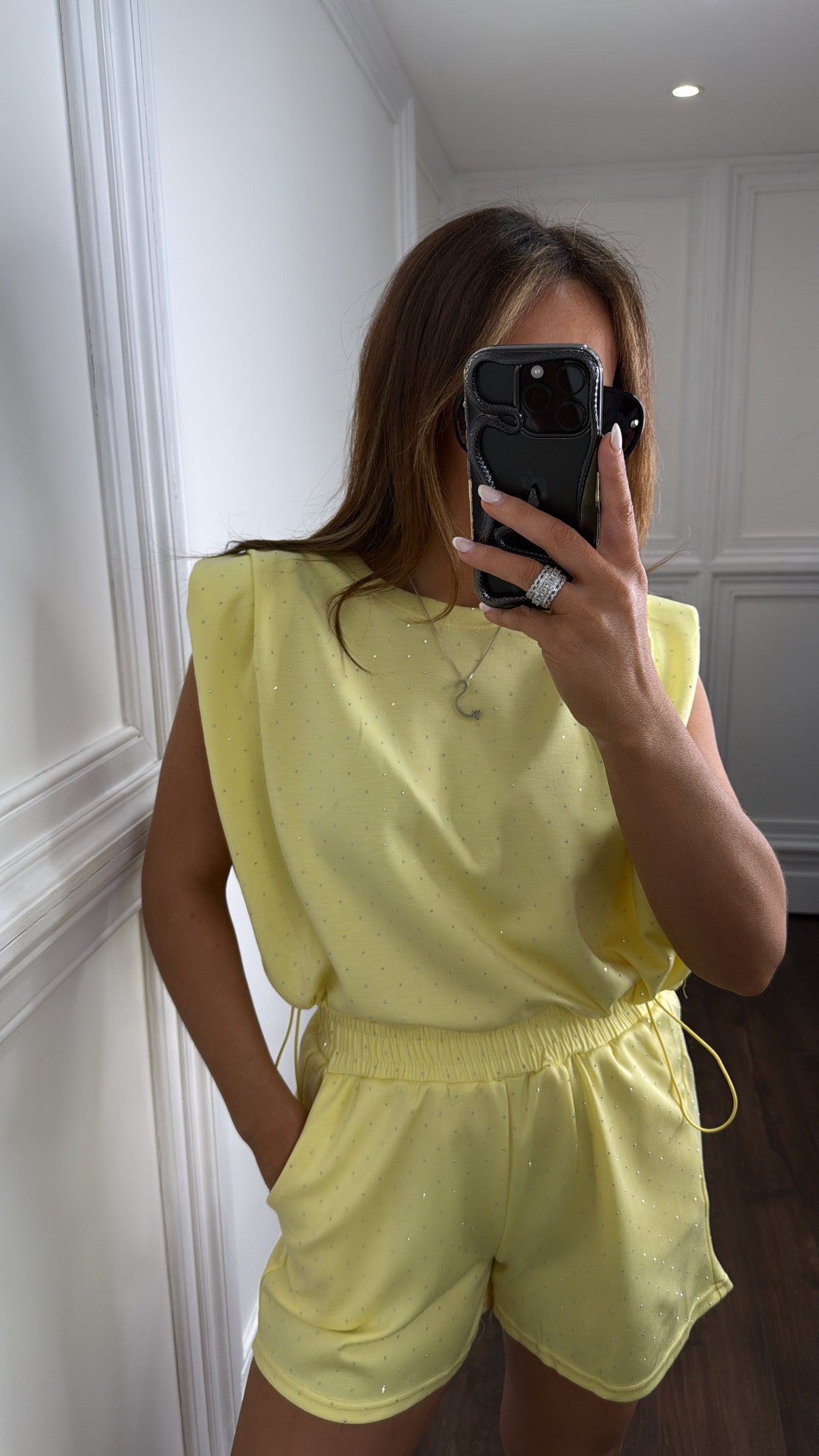 LILLIE lemon stud shorts co-ord with shoulder pads